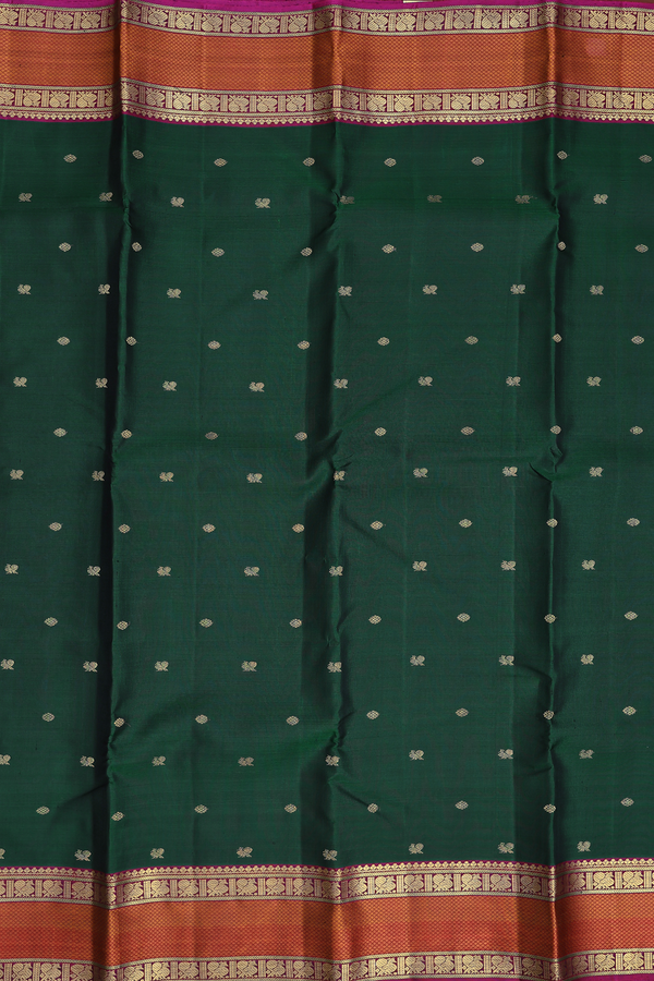 Kanchipuram Silk Saree In Forest Green With Peacock Buttas