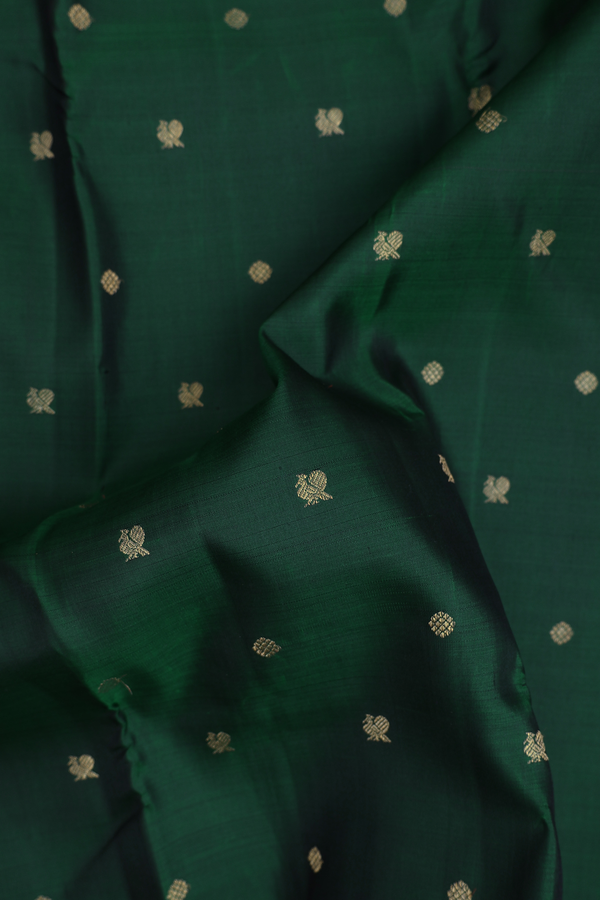 Kanchipuram Silk Saree In Forest Green With Peacock Buttas