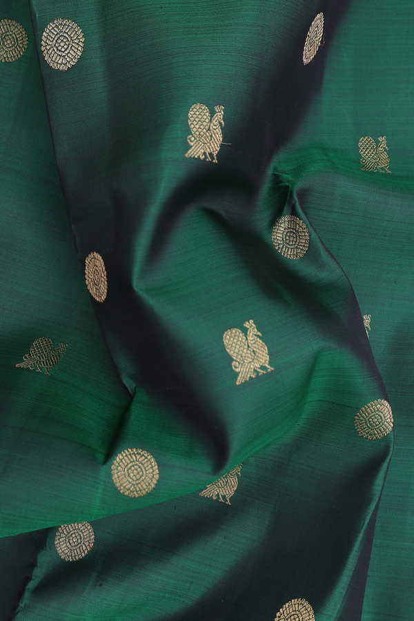 Kanchipuram Silk Saree In Forest Green With Peacock Buttas