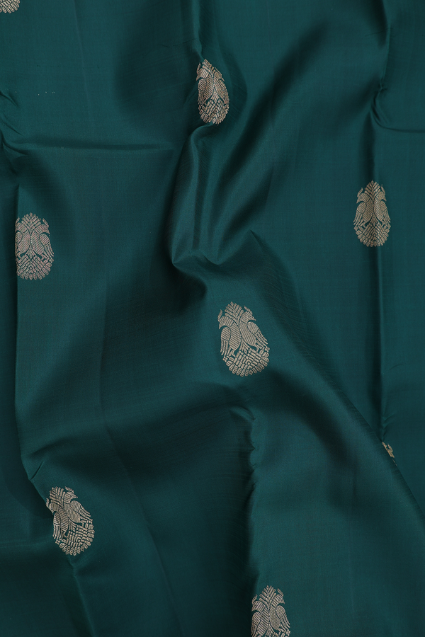 Kanchipuram Silk Saree In Forest Green With Peacock Buttas