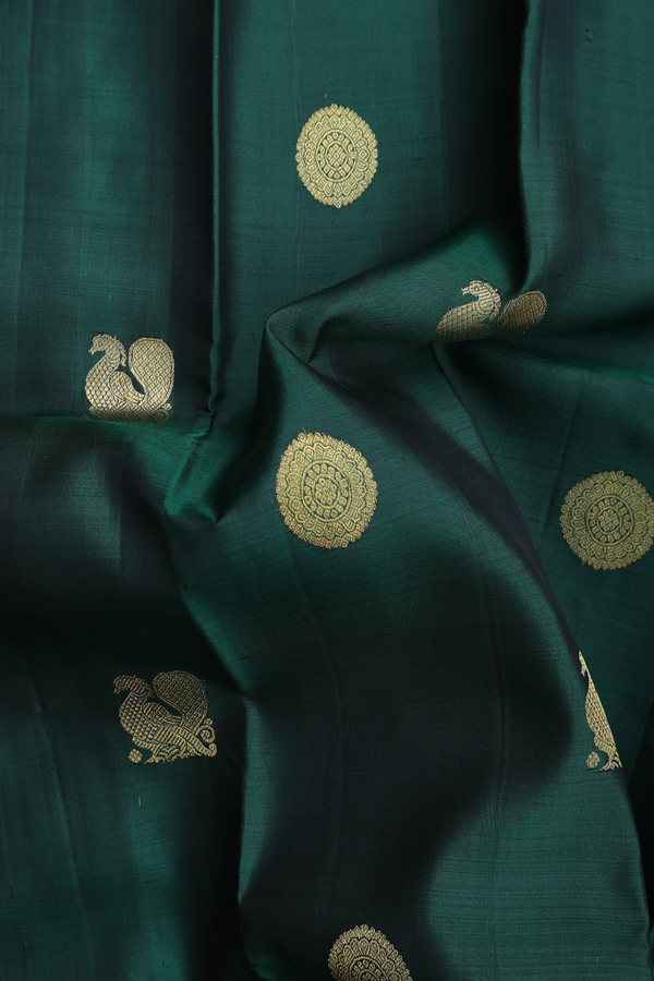 Kanchipuram Silk Saree In Forest Green With Peacock Buttas