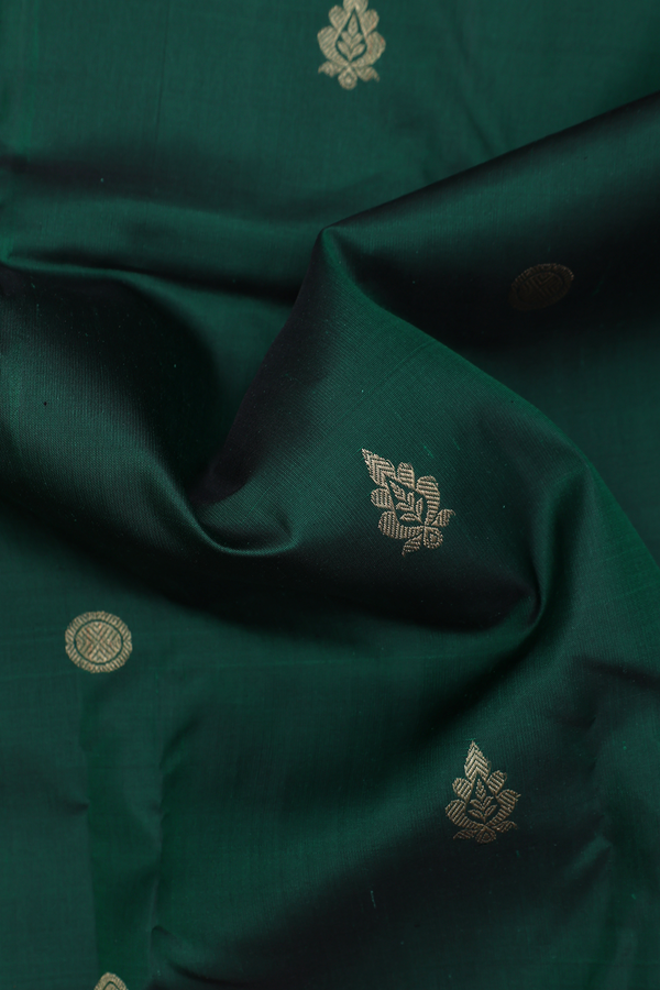 Kanchipuram Silk Saree In Forest Green With Rudraksh Buttas