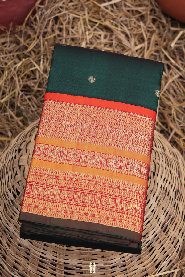 Kanchipuram Silk Saree In Forest Green With Rudraksh Buttis