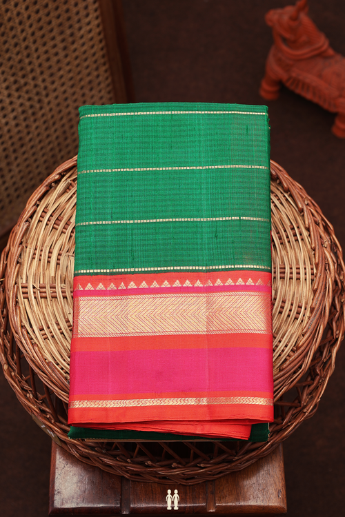 Kanchipuram Silk Saree In Forest Green With Stripes Design