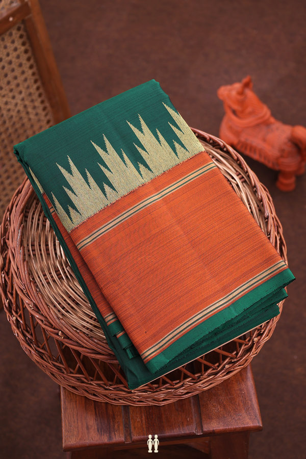 Kanchipuram Silk Saree In Forest Green With Temple Border