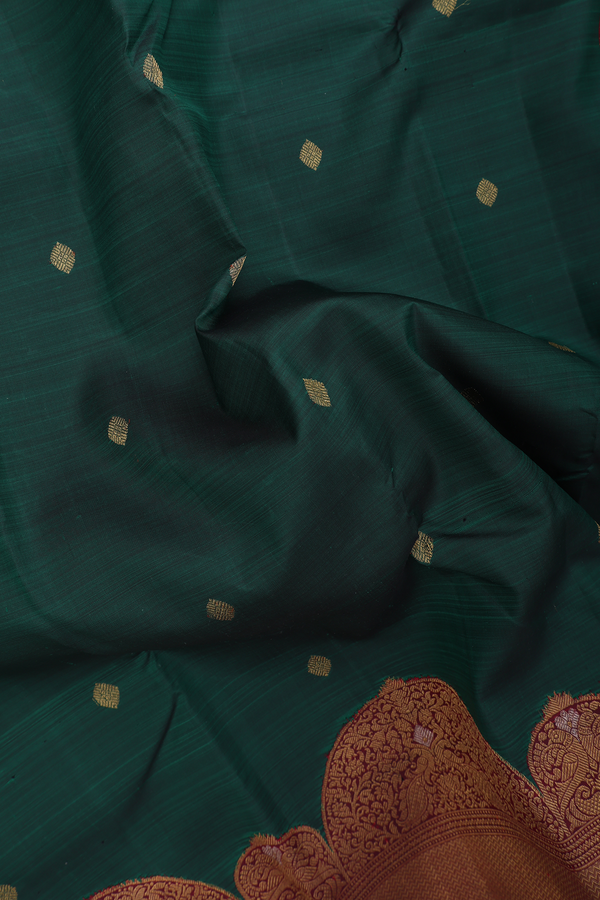Kanchipuram Silk Saree In Forest Green With Zari Buttas