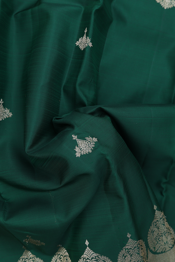 Kanchipuram Silk Saree In Forest Green With Zari Buttas