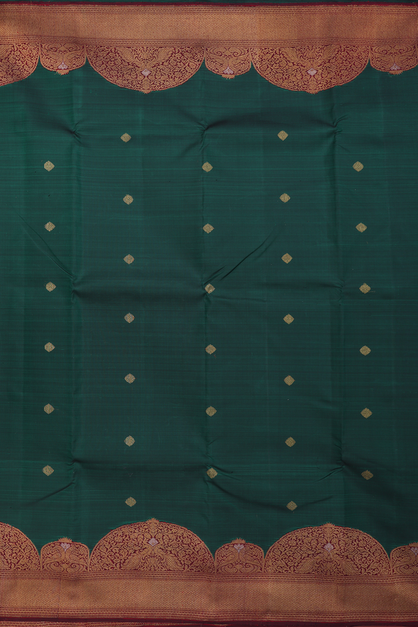 Kanchipuram Silk Saree In Forest Green With Zari Buttas