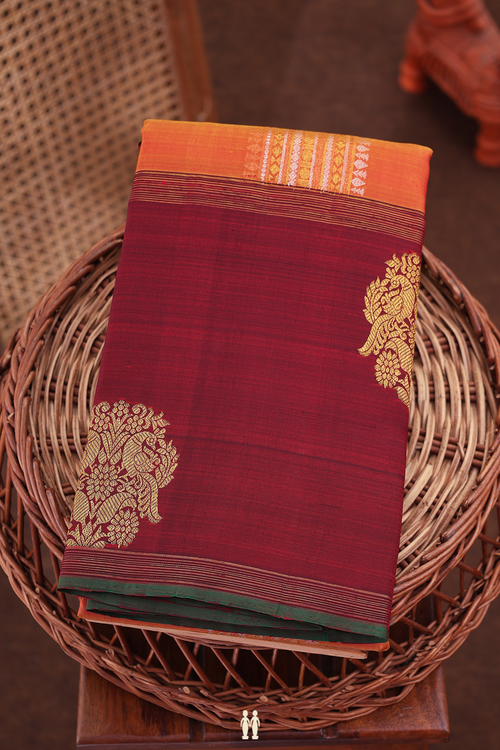 Kanchipuram Silk Saree In Ginger Orange With Stripes Design