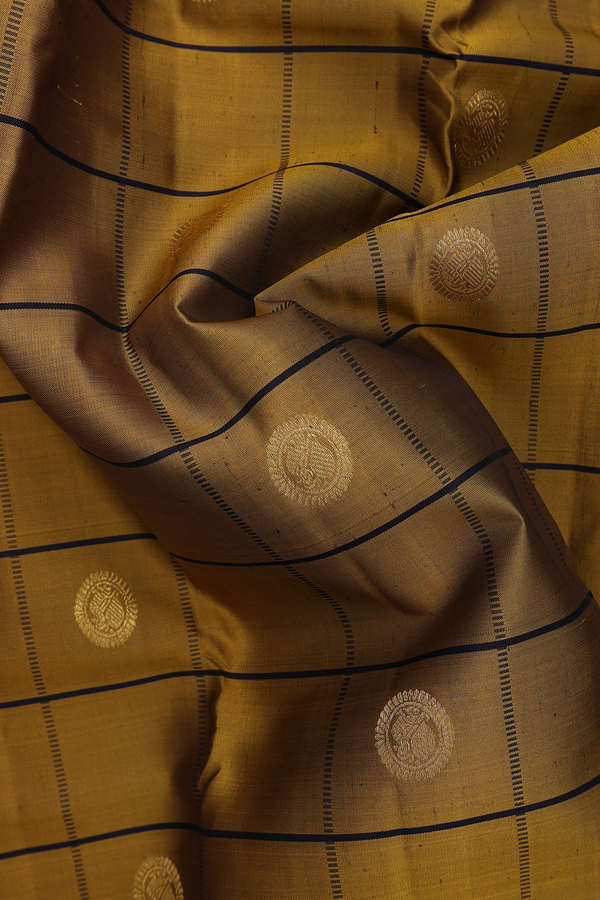 Kanchipuram Silk Saree In Golden Brown With Checks Design