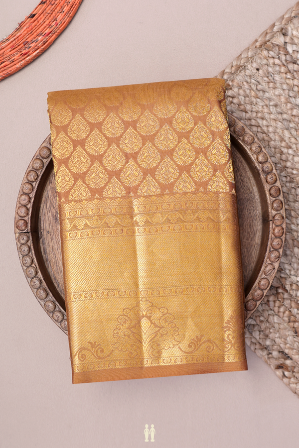 Kanchipuram Silk Saree In Golden Brown With Thilagam Buttas