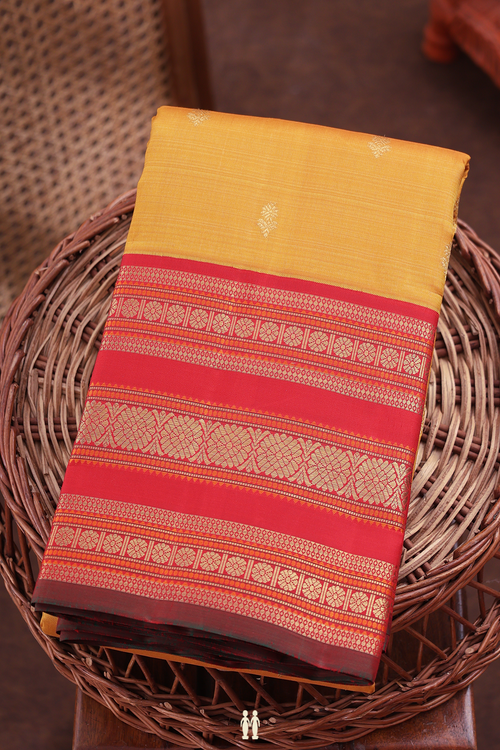 Kanchipuram Silk Saree In Mustard Yellow With Floral Buttas