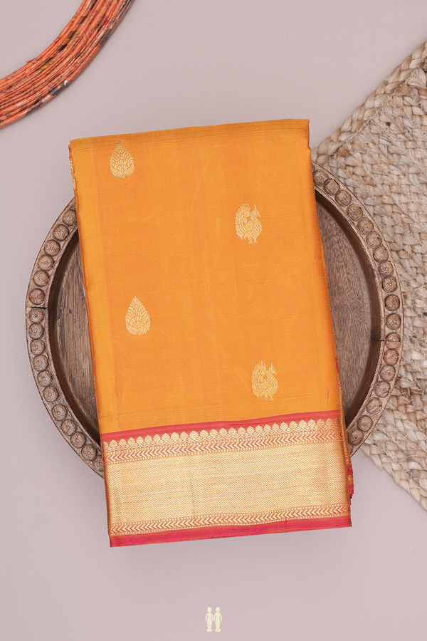 Kanchipuram Silk Saree In Golden Yellow With Zari Buttas