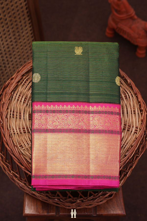 Kanchipuram Silk Saree In Green Along Stripes With Buttas