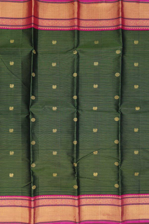 Kanchipuram Silk Saree In Green Along Stripes With Buttas