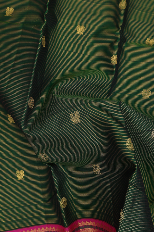 Kanchipuram Silk Saree In Green Along Stripes With Buttas