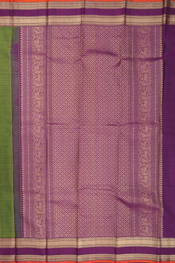 Kanchipuram Silk Saree In Green Along Stripes With Motifs