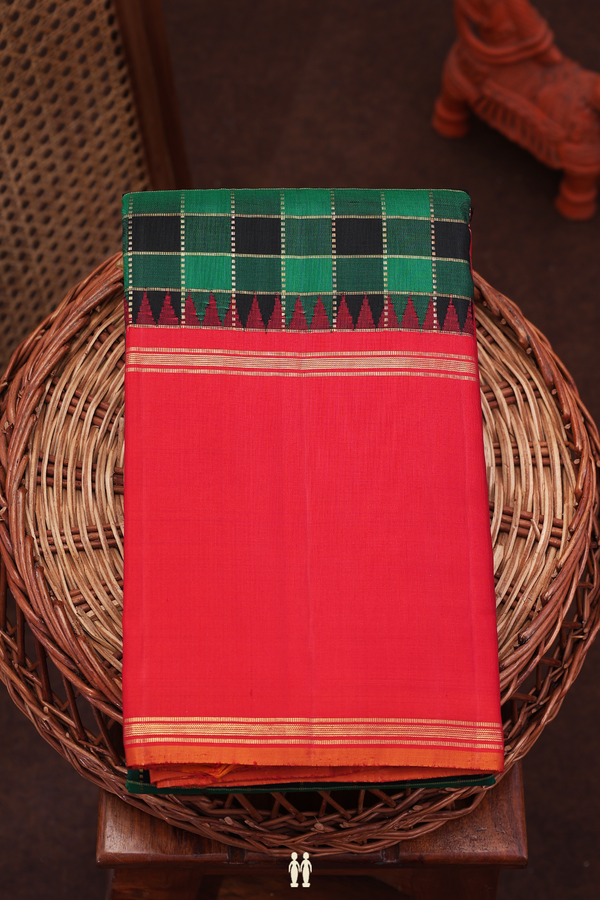 Kanchipuram Silk Saree In Green And Black With Checks Design