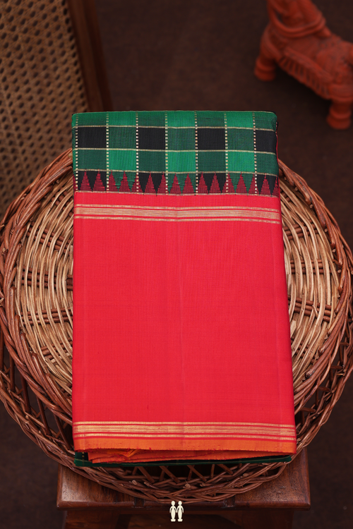 Kanchipuram Silk Saree In Green And Black With Checks Design