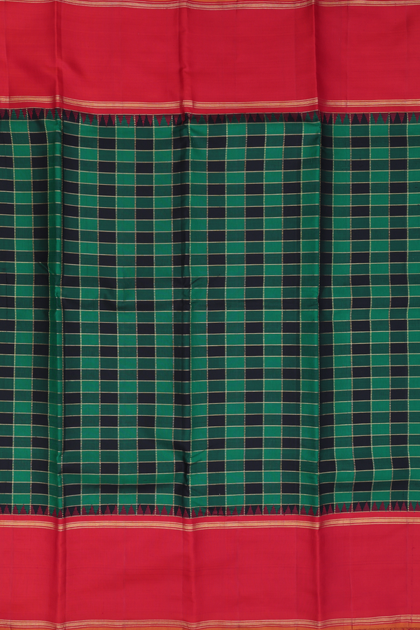 Kanchipuram Silk Saree In Green And Black With Checks Design