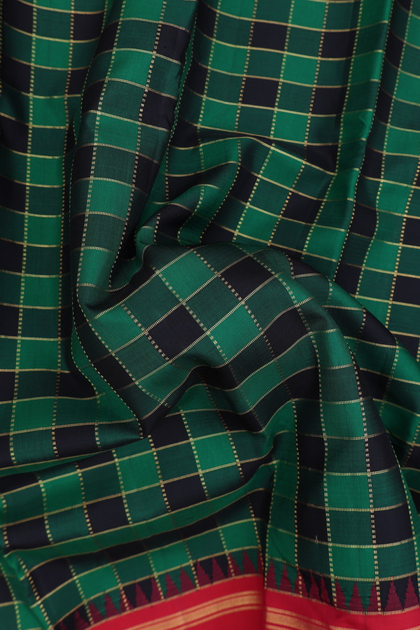 Kanchipuram Silk Saree In Green And Black With Checks Design