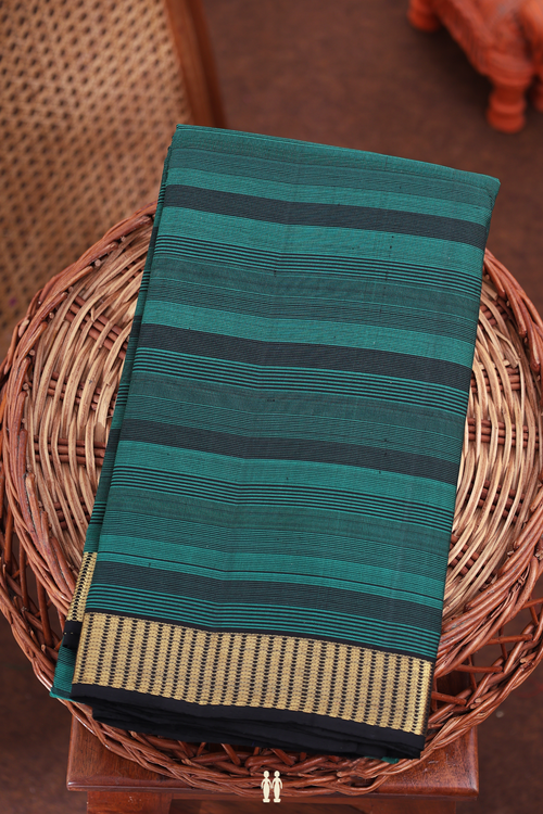 Kanchipuram Silk Saree In Green And Black With Stripes Design