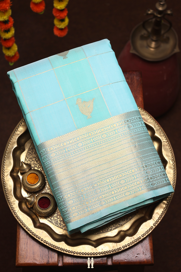 Kanchipuram Silk Saree In Green And Blue With Checks Design