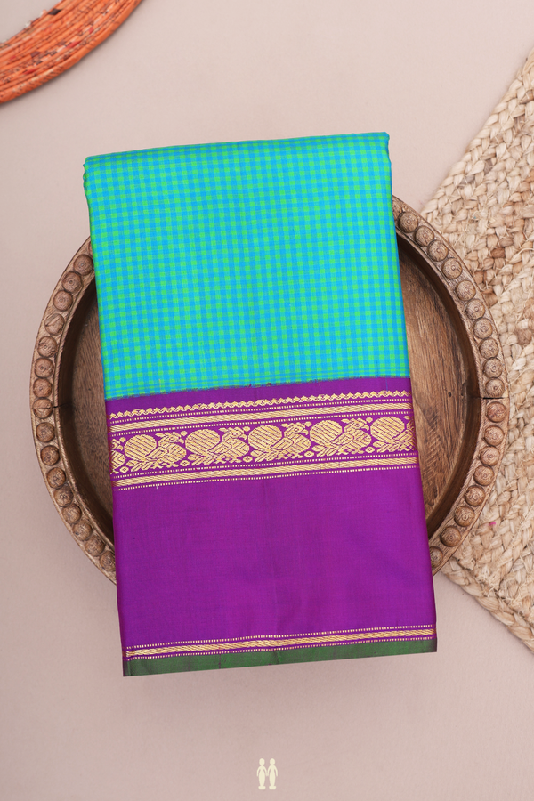Kanchipuram Silk Saree In Green And Blue With Checks Design