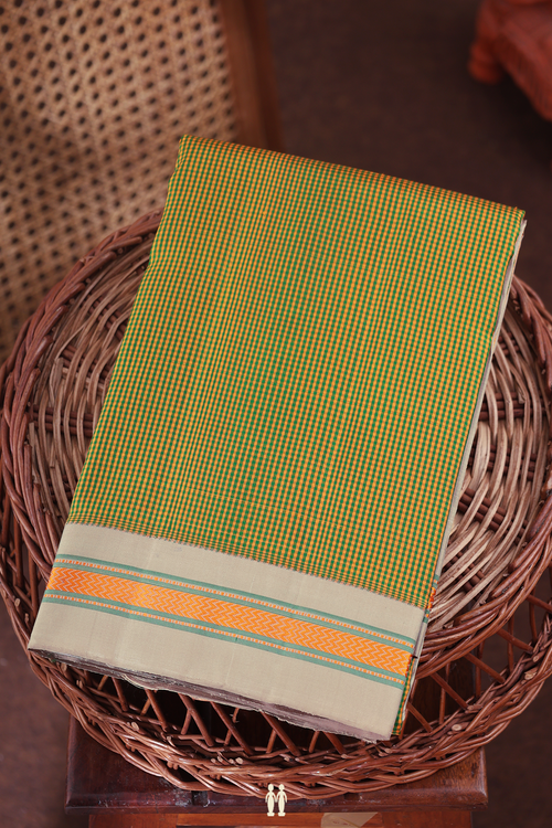 Kanchipuram Silk Saree In Green And Orange With Checks Design