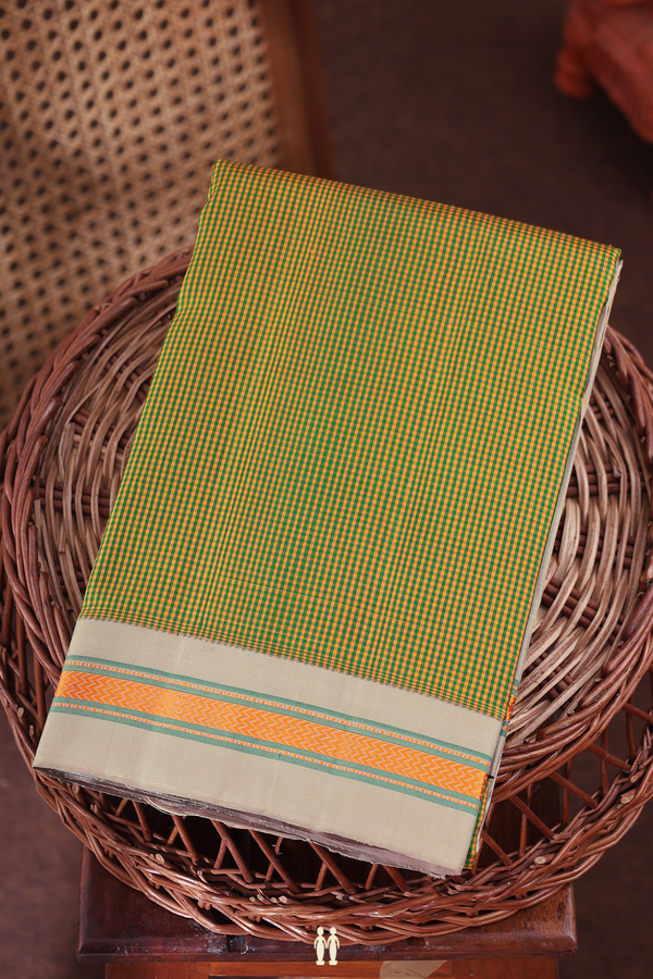 Kanchipuram Silk Saree In Green And Orange With Checks Design
