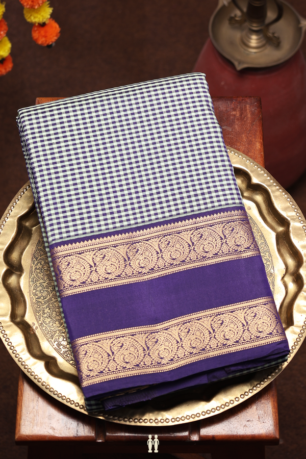 Kanchipuram Silk Saree In Green And Purple With Checks Design