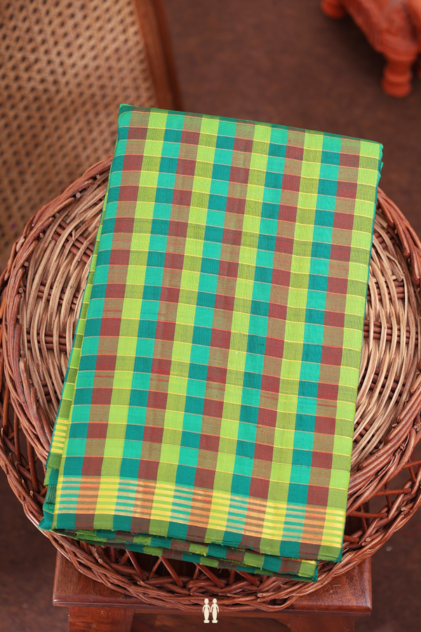 Kanchipuram Silk Saree In Green And Red With Checks Design