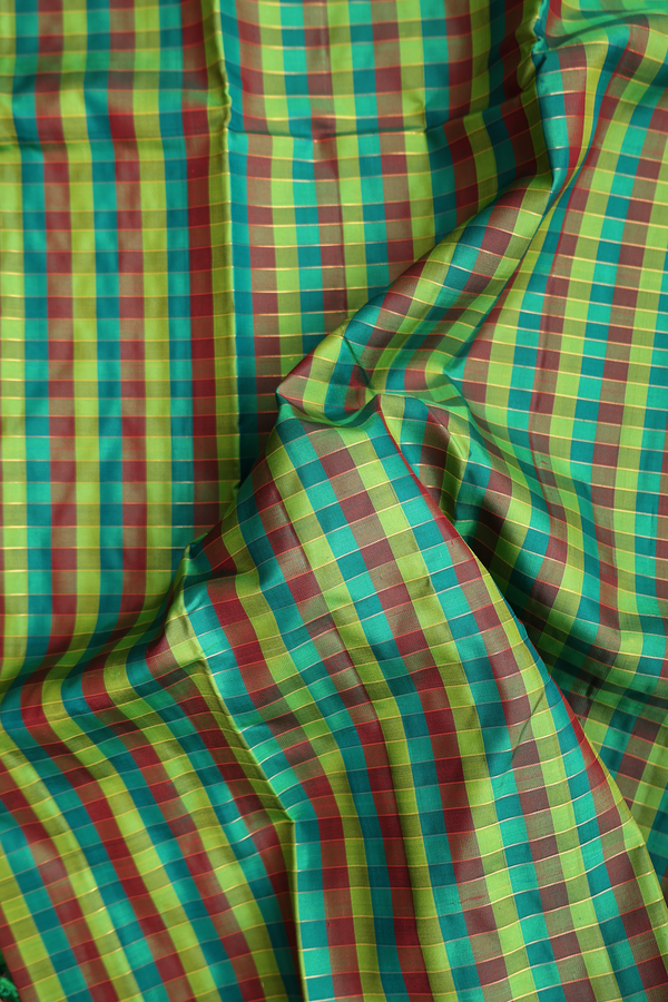 Kanchipuram Silk Saree In Green And Red With Checks Design