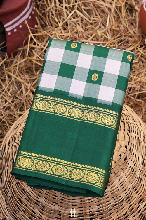 Kanchipuram Silk Saree In Green And White With Checks Design