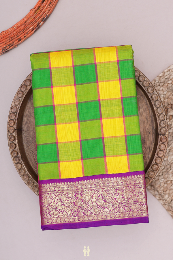 Kanchipuram Silk Saree In Green And Yellow With Checks Design
