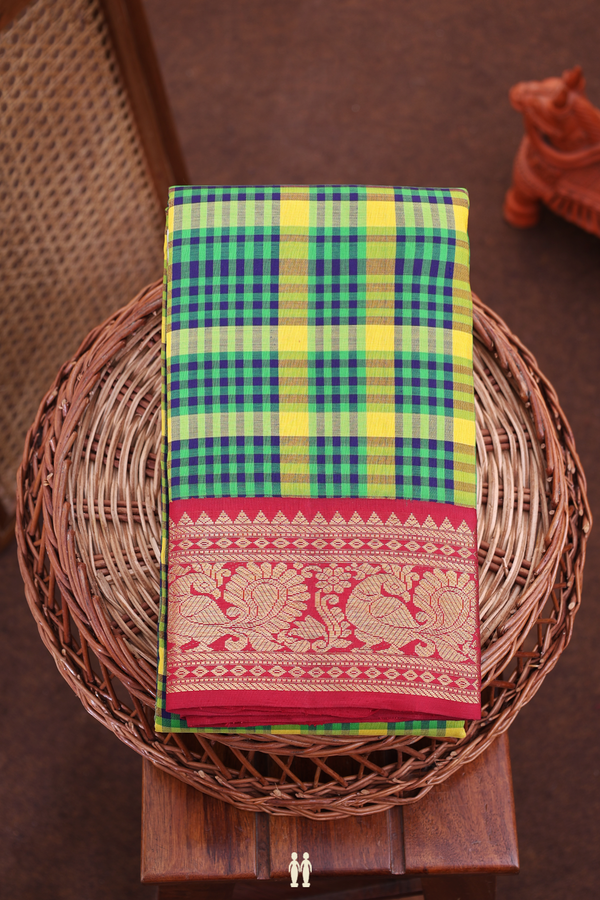 Kanchipuram Silk Saree In Green And Yellow With Checks Design