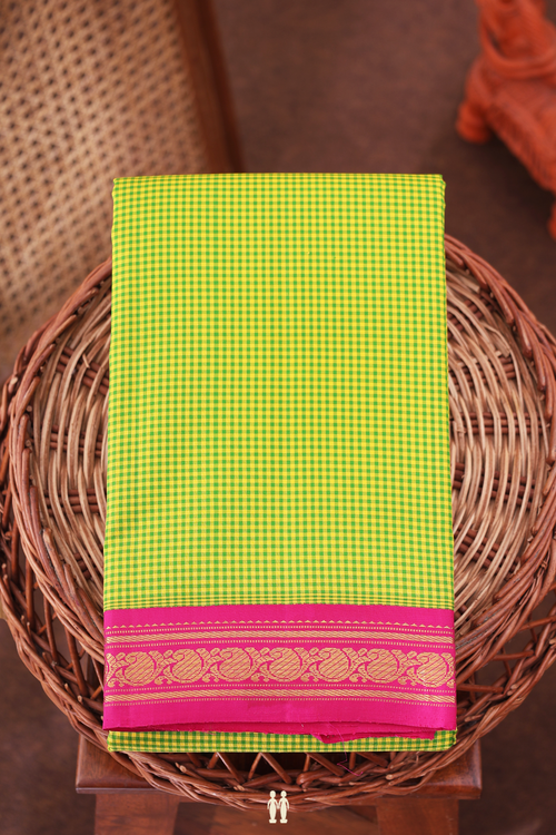 Kanchipuram Silk Saree In Green And Yellow With Checks Design