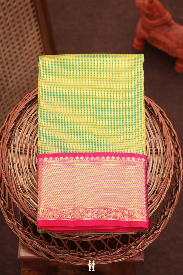 Kanchipuram Silk Saree In Green And Yellow With Checks Design