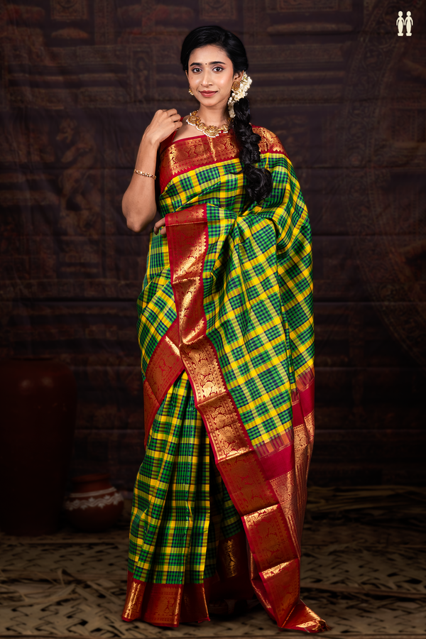 Kanchipuram Silk Saree In Green And Yellow With Checks Design