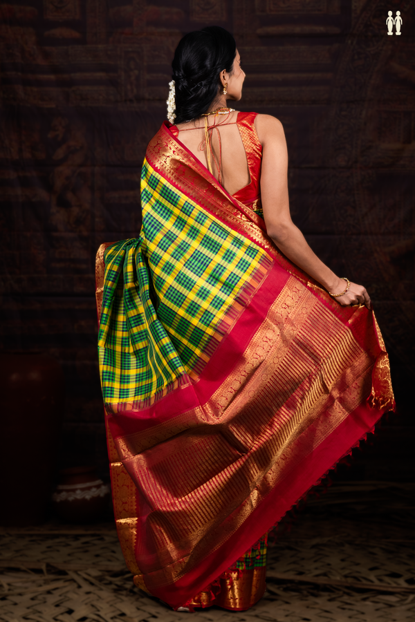 Kanchipuram Silk Saree In Green And Yellow With Checks Design