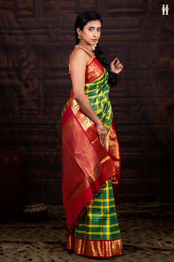 Kanchipuram Silk Saree In Green And Yellow With Checks Design