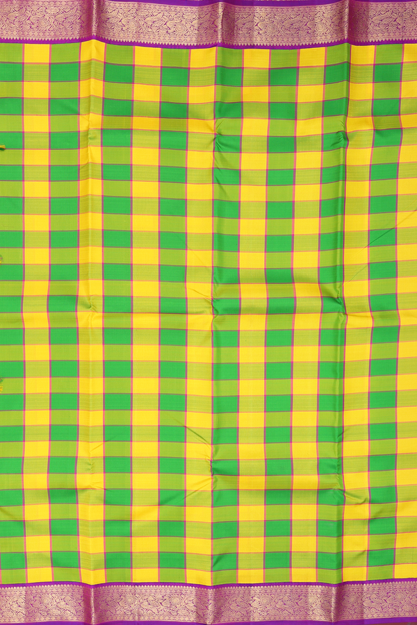Kanchipuram Silk Saree In Green And Yellow With Checks Design