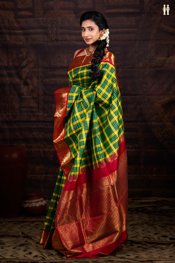 Kanchipuram Silk Saree In Green And Yellow With Checks Design