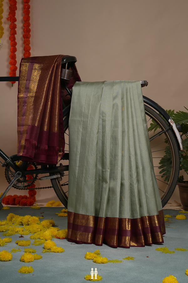 Kanchipuram Silk Saree In Green Beige Checks With Buttas