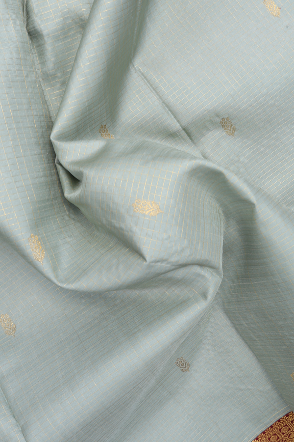Kanchipuram Silk Saree In Green Beige Checks With Buttas