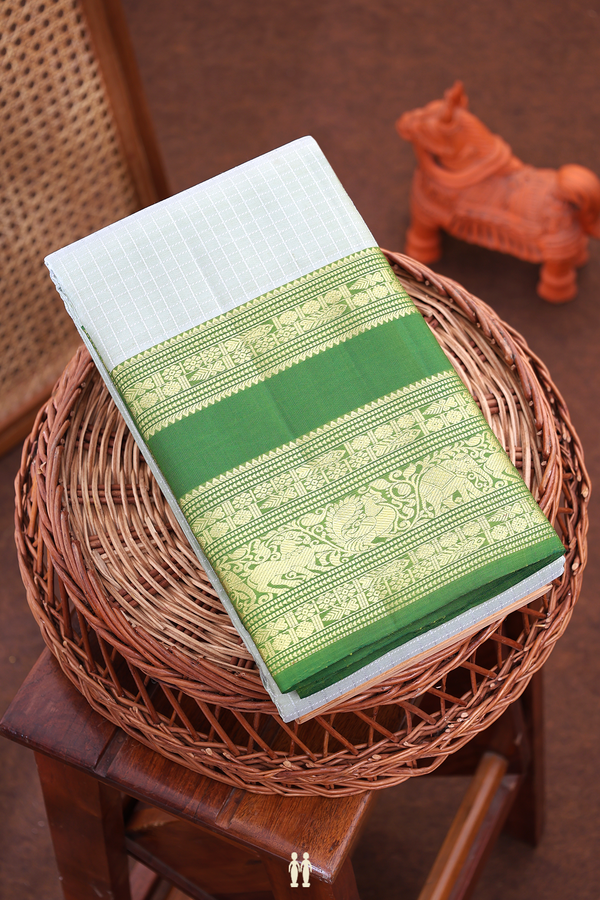 Kanchipuram Silk Saree In Green Beige With Checks Design
