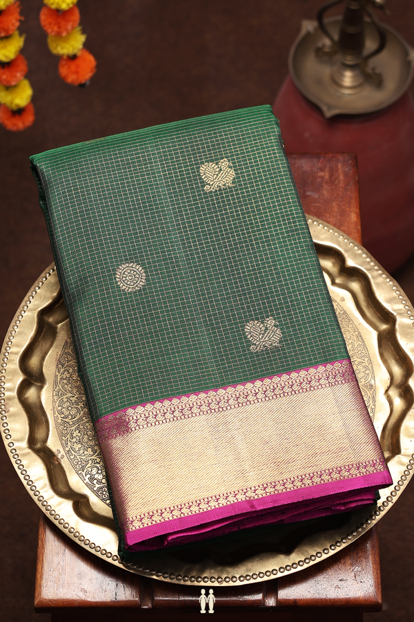 Kanchipuram Silk Saree In Green With Checks Along Buttas