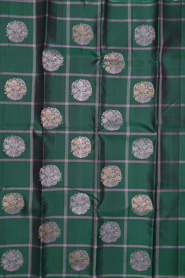 Kanchipuram Silk Saree In Green With Checks Along Buttas