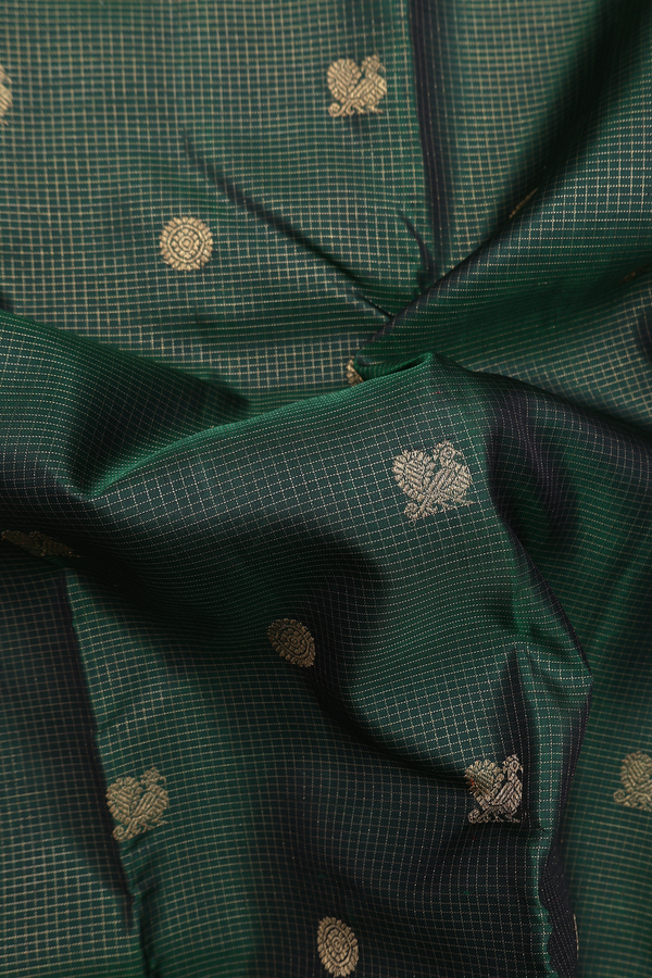 Kanchipuram Silk Saree In Green With Checks Along Buttas