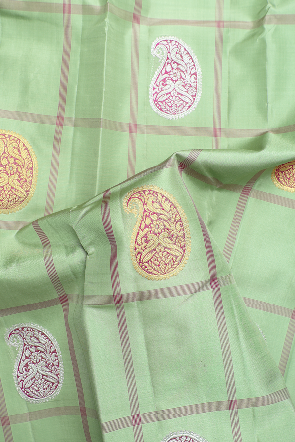 Kanchipuram Silk Saree In Green With Checks Along Buttas